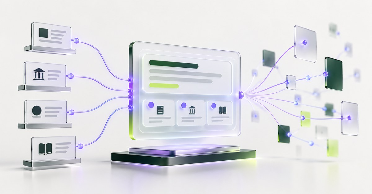 Painéis digitais de fontes conectados a uma interface de resposta de IA por uma rede violeta de citações