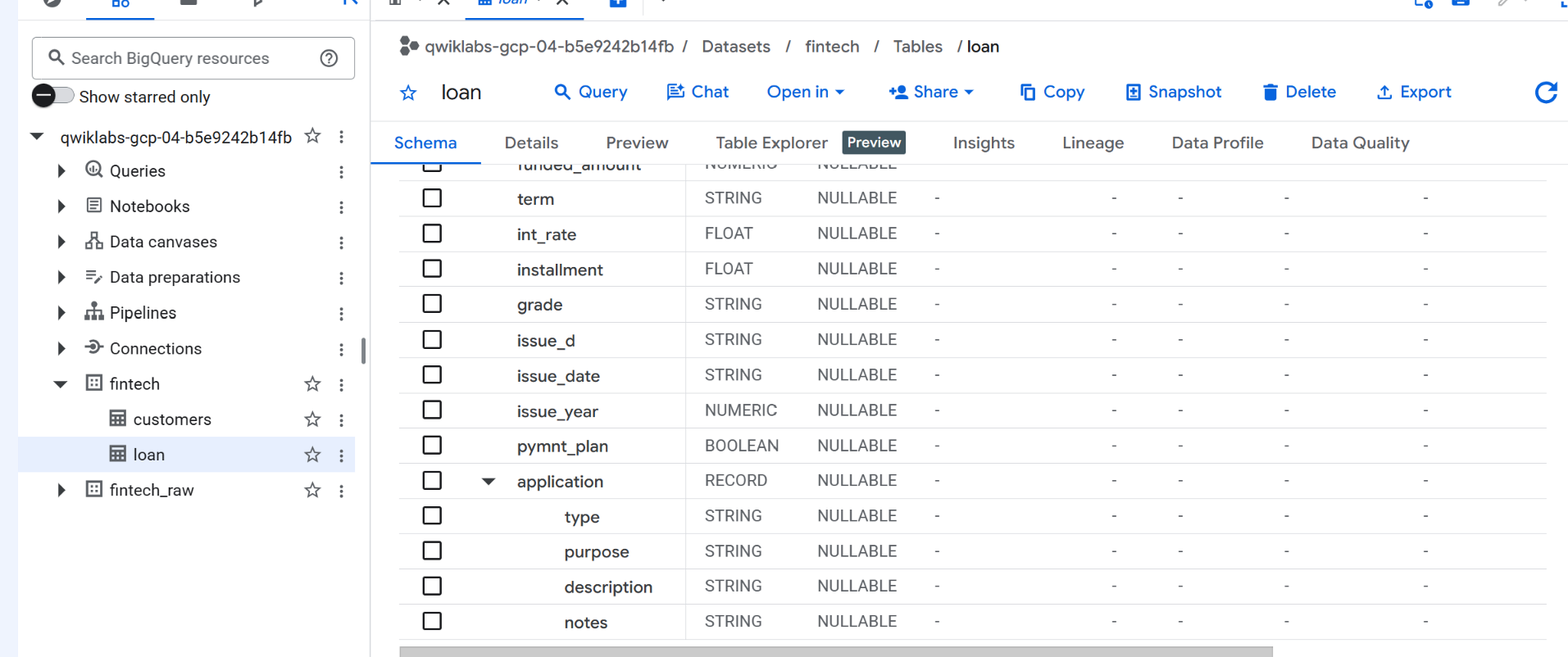 BigQuery schema showing loan fields and the nested application record
