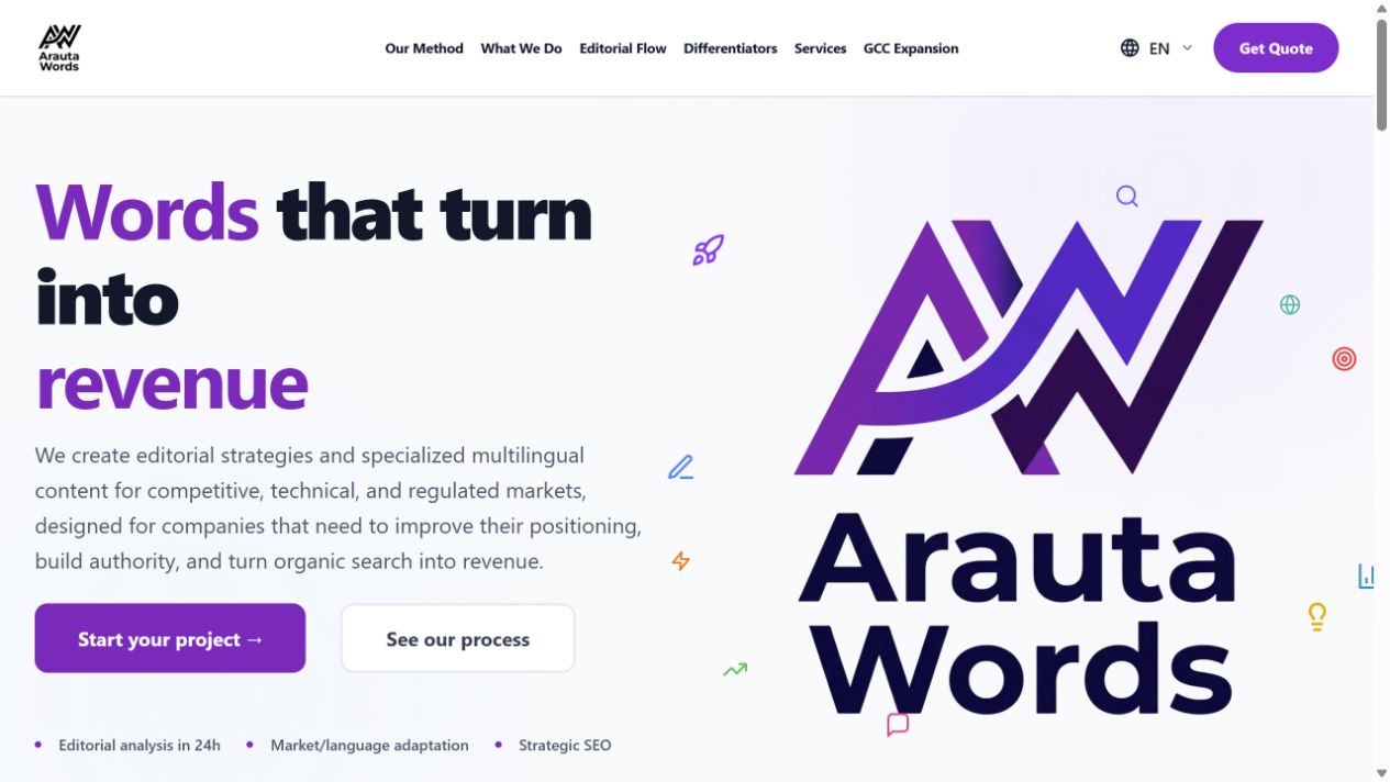 Home em inglês da ArautaWords com posicionamento dos serviços, navegação e interface multilíngue