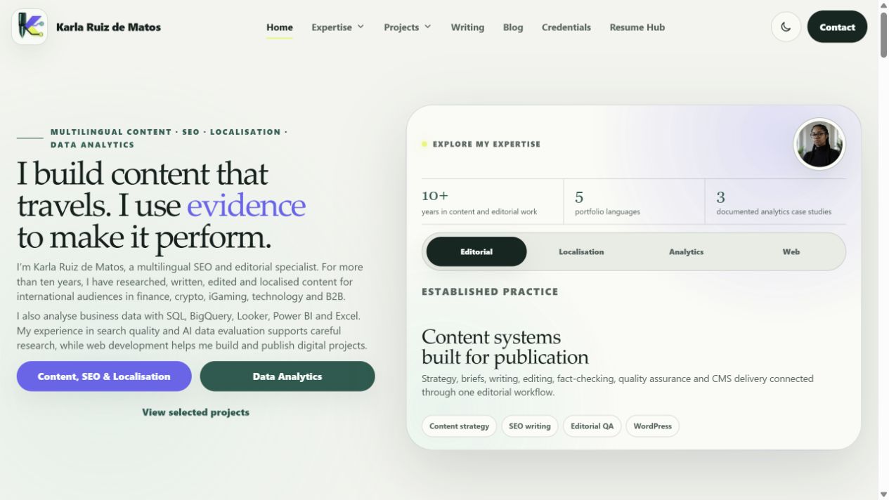 Home do KRM Words com links para perfis profissionais e painel interativo de áreas de atuação
