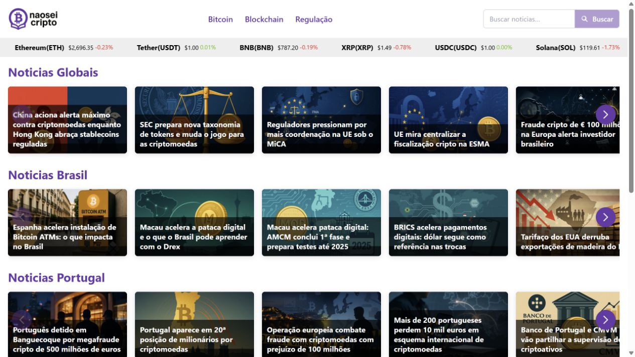 Home do Não Sei Cripto com navegação por temas, busca e notícias organizadas por público e região